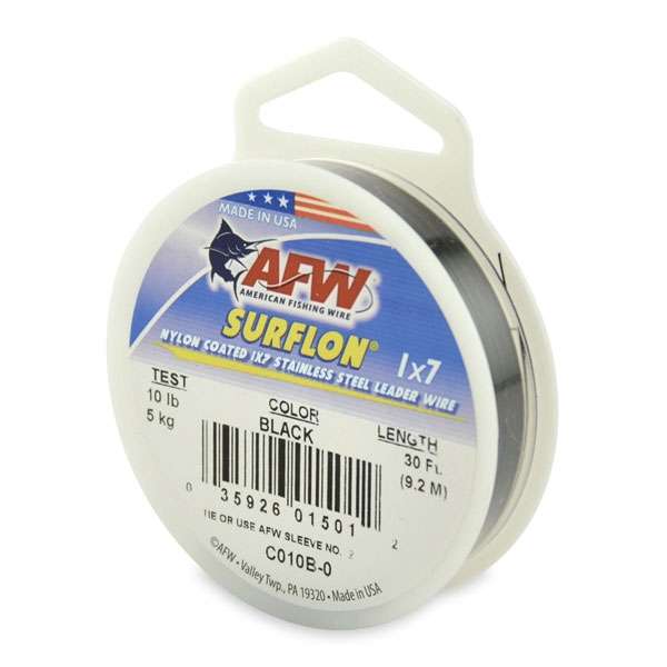 AFW 10lb Surflon Nylon Coated 1x7 SS Leader Wire Black 30ft - C010B-0