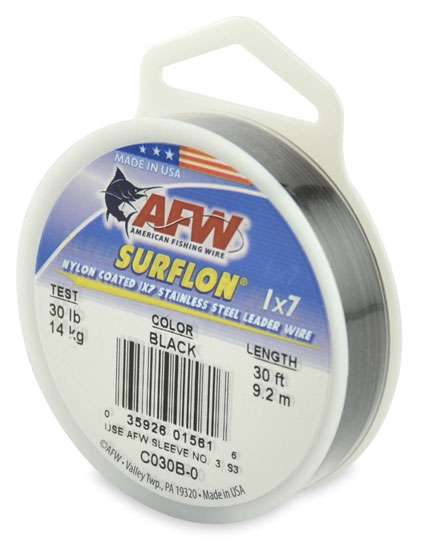 AFW 30lb Surflon Nylon Coated 1x7 SS Leader Wire Black 30ft - C030B-0