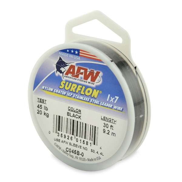 AFW 45lb Surflon Nylon Coated 1x7 SS Leader Wire Black 30ft - C045B-0