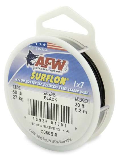 AFW 60lb Surflon Nylon Coated 1x7 SS Leader Wire Black 30ft - C060B-0