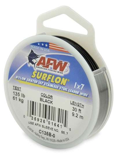 AFW C0135B-0 135lb Surflon Nylon Coated 1x7 SS Leader Wire Black 30ft